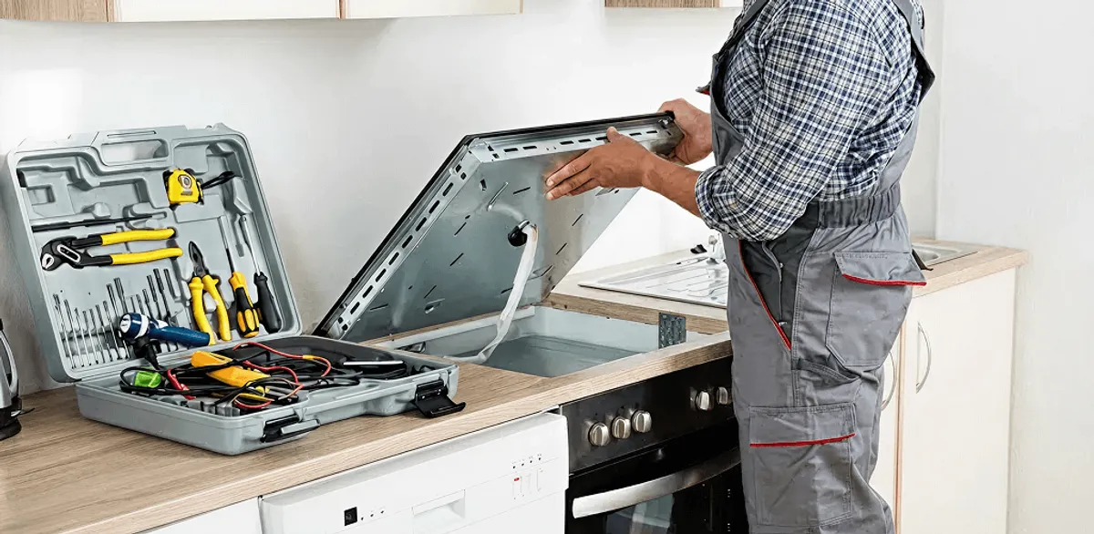 Handyman repairing a cooktop and checking wiring connections in Albuquerque, NM