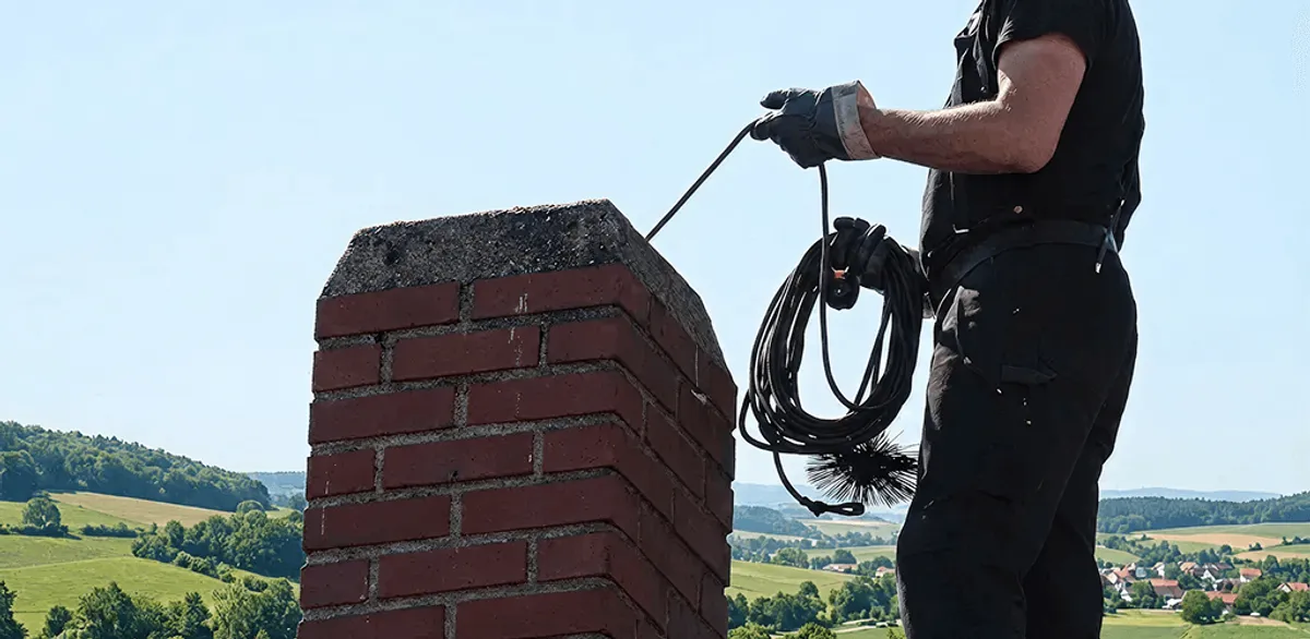 Chimney sweep inspecting and cleaning a rooftop chimney in Albuquerque, NM