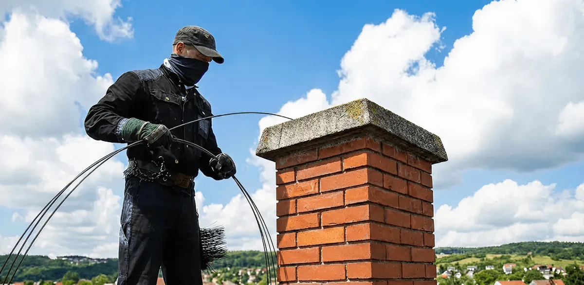 Chimney sweep cleaning a brick chimney with professional tools in Albuquerque, NM